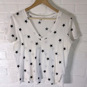 LNA FITTED DEEP V COTTON TEE - WHITE with BLUE STARS size XSmall